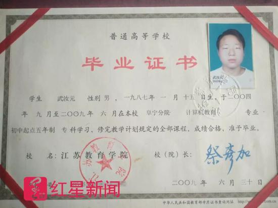 ▲武汝元的畢業證書 受訪者供圖