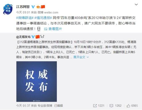 江蘇網警：“四車總重400噸壓垮無錫高架橋”系謠言