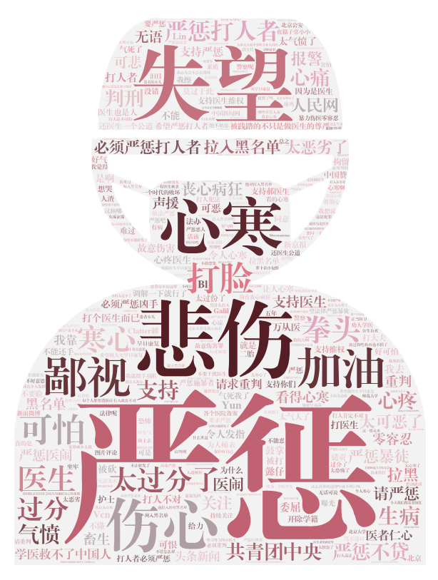 字號越大，詞語出現的頻率越高&nbsp;數據來源：@詹瑞璽大燒餅發布的有關北大醫院傷醫事件微博的19272條留言
