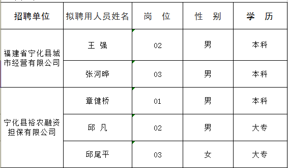 福建省寧化縣城市經(jīng)營(yíng)有限公司 寧化縣裕農(nóng)融資擔(dān)保有限公司2021年招聘國(guó)有企業(yè)合同制人員擬聘用人員公示