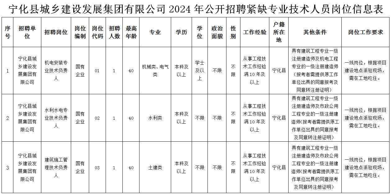 福建省寧化縣勞務派遣服務有限公司關于縣城鄉建設發展集團有限公司2024年公開招聘緊缺專業技術人員通告